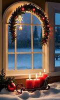 foto de Navidad trineo pistas líder a un alumbrado por velas ventana. ai generado