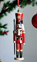 Photo Of Christmas Wooden Nutcracker Ornament. AI Generated