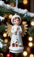 Photo Of Christmas Angel Ornament Looking Over A Snowy Village. AI Generated