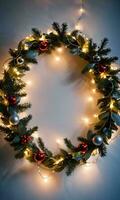 Photo Of Christmas Wreath Intertwined With Fairy Lights. AI Generated