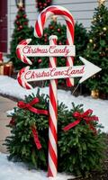 Photo Of Christmas Candy Cane Lane Signpost. AI Generated