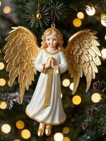 foto de Navidad ángel ornamento con dorado alas. ai generado