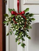 Photo Of Christmas Mistletoe Hanging From A Doorway. AI Generated