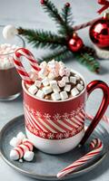 Photo Of Christmas Hot Cocoa Mug With A Candy Cane Stirrer. AI Generated