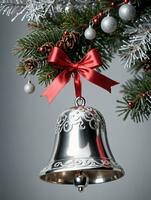 Photo Of Christmas Ornamental Silver Bell. AI Generated