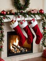 Photo Of Christmas Stockings Hanging By The Fireplace. AI Generated