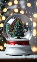 Photo Of Christmas Snow Globe With A Christmas Tree Inside. AI Generated