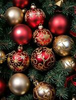 Photo Of Christmas Red And Gold Baubles. AI Generated