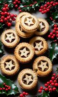 Photo Of Christmas Mince Pies Surrounded By Holly Leaves. AI Generated