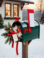 Photo Of Christmas Festive Mailbox With Cards. AI Generated