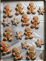 Photo Of Christmas Gingerbread Cookies On A Baking Sheet. AI Generated