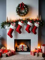 Photo Of Christmas Cozy Fireplace With Stockings. AI Generated