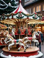 Photo Of Christmas Christmas Carousel With Wooden Horses. AI Generated