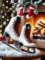 Photo Of Christmas Ice Skates Hanging By A Fire. AI Generated