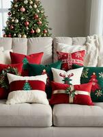 Photo Of Christmas Festive Throw Pillows On A Couch. AI Generated