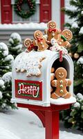 Photo Of Christmas SnowCovered Mailbox Filled With Gingerbread Cookies. AI Generated