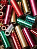 Photo Of Christmas Shiny Wrapping Paper Rolls. AI Generated