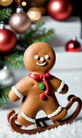 Photo Of Christmas Gingerbread Man Sitting On A Sleigh. AI Generated