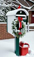 Photo Of Christmas SnowCovered Mailbox With A Wreath On Top. AI Generated