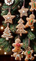 Photo Of Christmas Gingerbread Cookies Hanging From A Pine Tree. AI Generated
