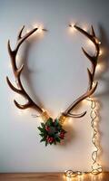 Photo Of Christmas Reindeer Antlers Wrapped With Fairy Lights. AI Generated