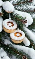 Photo Of Christmas SnowCovered Pine Tree With Hanging Mince Pies. AI Generated