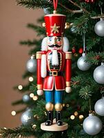 Photo Of Christmas Wooden Nutcracker Ornament. AI Generated