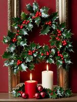 Photo Of Christmas Boughs Of Holly On A Mantle. AI Generated