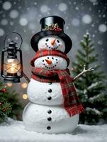 Photo Of Christmas Snowman Holding A Lantern. AI Generated