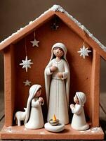 Photo Of Christmas Handmade Clay Nativity Scene. AI Generated