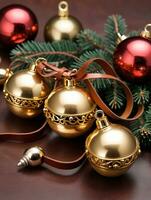 Photo Of Christmas Golden Sleigh Bells On A Leather Strap. AI Generated