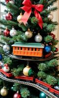 Photo Of Christmas Pine Tree Adorned With Toy Trains. AI Generated