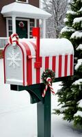 Photo Of Christmas SnowCovered Mailbox With Candy Cane Stripes. AI Generated