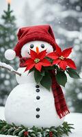 Photo Of Christmas Snowman Holding A Poinsettia Plant. AI Generated