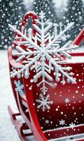 Photo Of Christmas Snowflakes Falling On A Sleigh. AI Generated