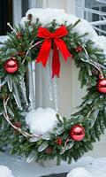 Photo Of Christmas Wreath Intertwined With Icicles. AI Generated