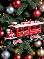 Photo Of Christmas Toy Train Carrying Candy Canes. AI Generated