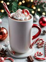 Photo Of Christmas Hot Cocoa Mug With A Candy Cane Stirrer. AI Generated