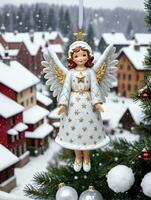 foto de Navidad ángel ornamento mirando terminado un Nevado aldea. ai generado