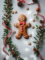Photo Of Christmas Gingerbread Man Standing Near Mistletoe. AI Generated