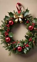 Photo Of Christmas Wreath Intertwined With Jingle Bells And Mistletoe. AI Generated