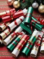 Photo Of Christmas Christmas Crackers On A Festive Tablecloth. AI Generated