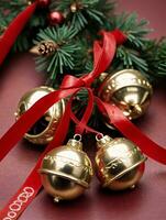 foto de Navidad cascabeleo campanas en un rojo y verde cinta. ai generado