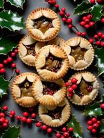 Photo Of Christmas Mince Pies Surrounded By Holly Leaves. AI Generated