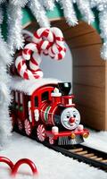 Photo Of Christmas Toy Train Carrying Candy Canes Through A Tunnel Of Tinsel. AI Generated