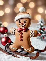 Photo Of Christmas Gingerbread Man Sitting On A Sleigh. AI Generated