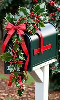 Photo Of Christmas Holly Branches Decorating A Mailbox Filled With Christmas Cards And Ribbons. AI Generated