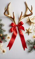 Photo Of Christmas Reindeer Antlers Wrapped With Red Ribbons And Golden Stars. AI Generated