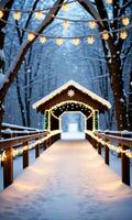 Photo Of Christmas SnowCovered Bridge Adorned With Fairy Lights And Snowflakes. AI Generated