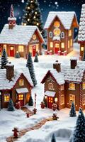 Photo Of Christmas Snowy Village With Lanterns And A Gingerbread House Display. AI Generated